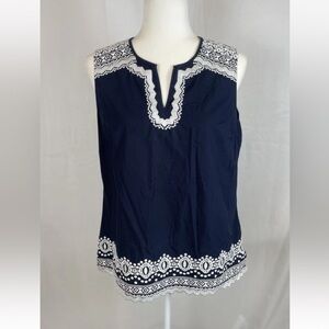 Talbots PM Navy Blue White Embroidered Trim Sleeveless V Neck Tank‎ Blouse Top